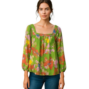Hope & Harlow Blouse Women M Green Square Neck Boho Peasant Cottagecore Crochet